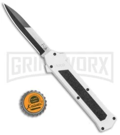 AKC F-16 White D/A OTF Automatic Knife - Bayo Two Tone Plain -Buck Knives Sales AKC F 16 DA Bayo OTF Auto White TT BHQ 114660 jr bottlecap large
