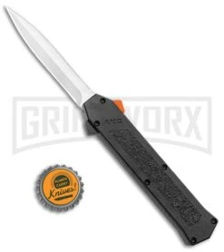 AKC F-16 Black D/A OTF Automatic Knife + Orange Button - Dagger Satin Plain -Buck Knives Sales AKC F 16 DA Dagger OTF Auto Black Orange Button Satin BHQ 98892 jr bottlecap large